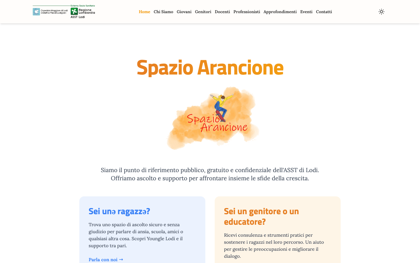 Anteprima del sito di Spazio Arancione, servizio di ascolto e supporto